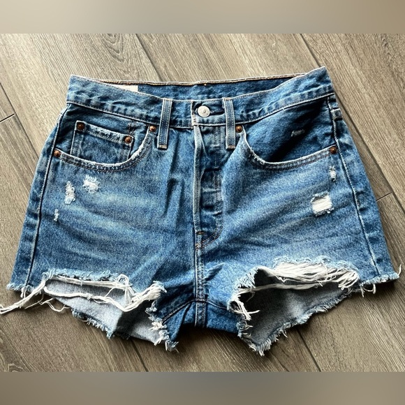 LEVIS | Distressed High Waist Denim Shorts - Picture 1 of 5